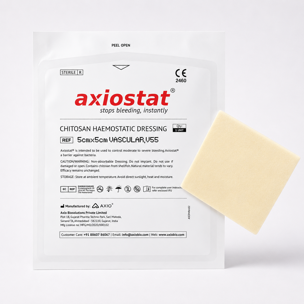 Axiostat Chitosan Haemostatic Dressing package and dressing