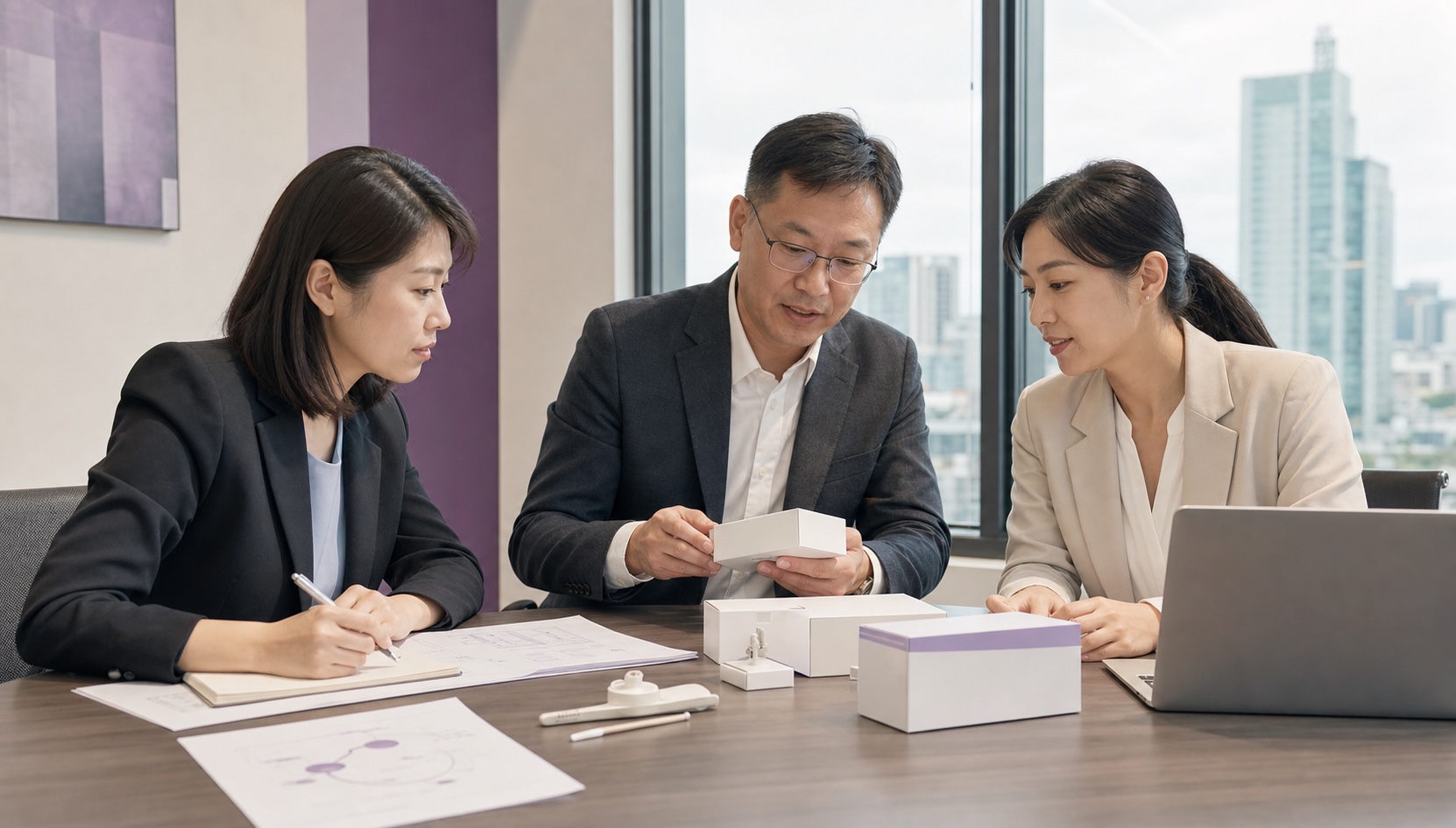 A Taiwanese medical device team reviewing product documentation and packaging samples