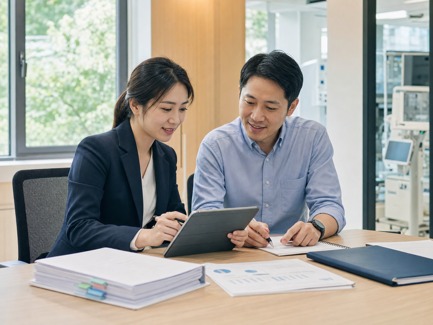 Taiwanese medical-device professionals reviewing regulatory and market-entry materials