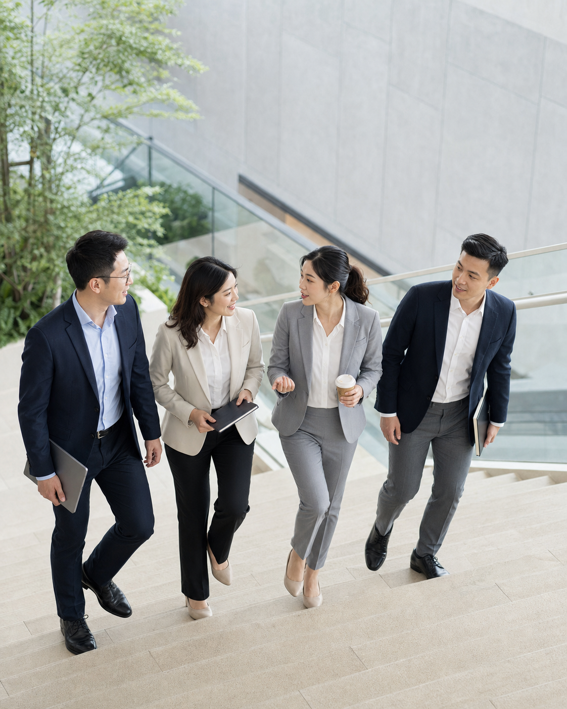 Asian business colleagues walking up a staircase together